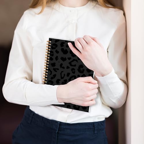 Black Leopard Print Spiral Notebook Journal 5.5x8.3, Cheetah Print Notebooks for Work, Leopard Print Gifts for Women - color: Black Leopard