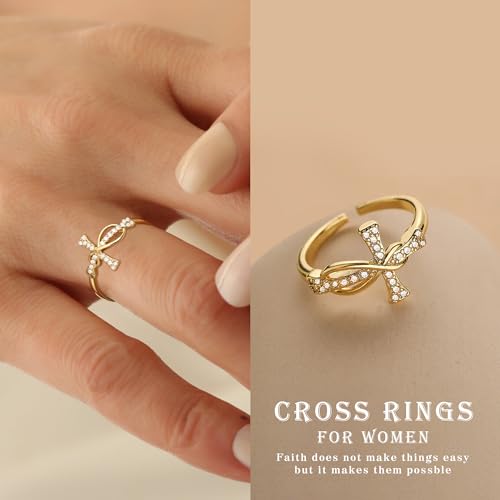 Btysun Cross Rings for Women Christian Gifts Adjustable Non Tarnish Gold Rings Stocking Stuffers Religious Confirmation Catholic Gifts for Her Daughter Sister Faith Baptism Jewelry - color: 1 Peter 5:7