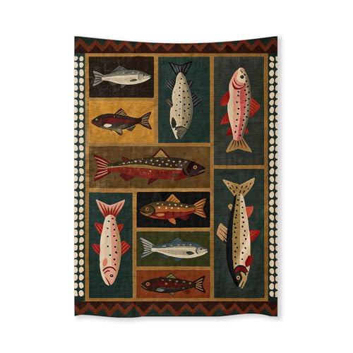 FoxUncle Fish Tapestry 60 X 80 Inches Vintage Dark Western Wall Art Rustic Country Salmon Trout Painting Retro Cabin Aesthetic Decor for Living Room Bedroom - color: Black, size: 80"L x 60"W