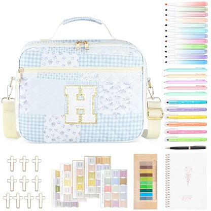 Personalized Initial Bible Cover Case for Women Bible Bag w/Study Supplies - color: Spliced Flower, size: H