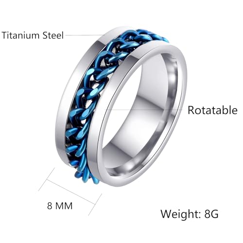 Mens Fidget Rings Anxiety Ring for Men 6mm 8mm Chain Spinner Ring Size 5-14 - color: Silver Blue