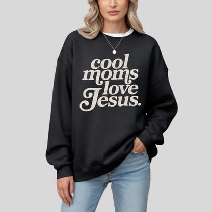 FITIN Cool Moms Love Jesus Christian Graphic Crewneck Sweatshirt – Distressed Design Faith-Based Pullover - color: Black, size: Small