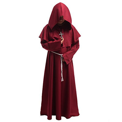 BLESSUME Friar Hooded Robe Monk Renaissance Priest Halloween Medieval Role Play Costume - color: Burgundy Cowl Hat+robe+ Waist Rope+necklace, size: Large