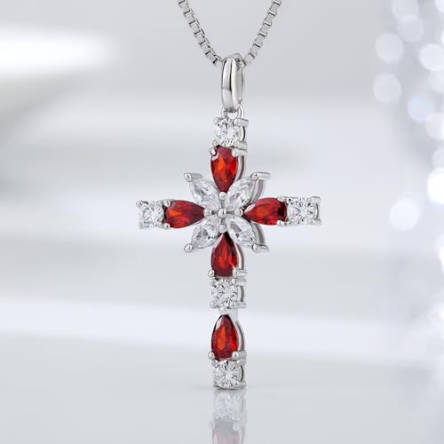 925 Sterling Silver Cross Necklace for Women，Birthday Delicate Star Cross Necklace Jewelry Gifts for Women，Birthstone Religious Jewelry for Mom, Chain 18 inch - color: A. 1. Red-Garnet-January