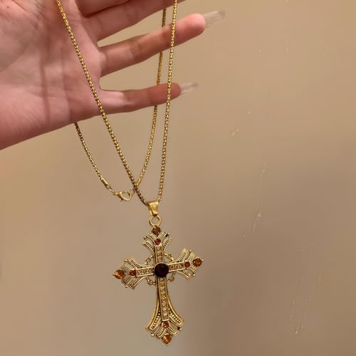 Gold Large Cross Necklace For Women Men Long Zircon Chunky Cross Necklace Retro Gothic Y2K Style Jewelry Statement Surprising Hallowmas Christmas Party Ball Jewelry Accessories Gift - color: gold
