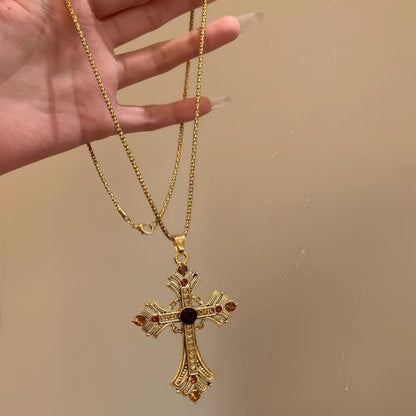 Gold Large Cross Necklace For Women Men Long Zircon Chunky Cross Necklace Retro Gothic Y2K Style Jewelry Statement Surprising Hallowmas Christmas Party Ball Jewelry Accessories Gift - color: gold