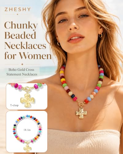 ZHESHY Chunky Beaded Necklaces for Women Heart Cross Statement Necklace - color: Multicolor 1