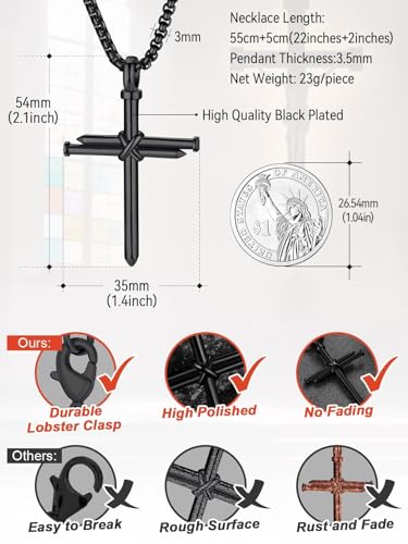 FaithHeart Stainless Steel Cross Necklace for Men, Silver/Black/Gold Cross Chains for Men Religious Amulet Necklaces Christian Gifts for Dad - style: Nail Cross-Black
