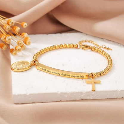 DS Women Christian Charm Bracelet,Cross Scripture Stainless Steel Jewelry - style: For with God nothing shall be impossible - Luke 1:37-Gold