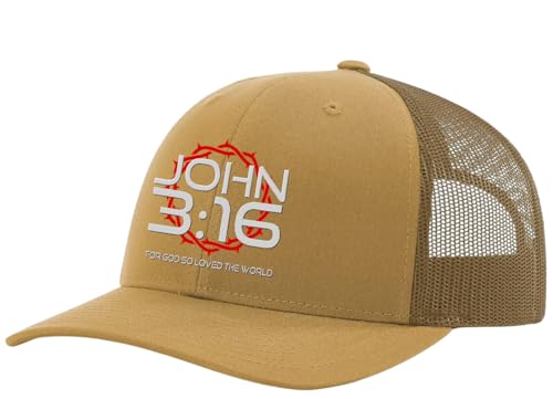 Christian John 3:16 for Got So Loved The World Mens Embroidered Mesh Back Trucker Hat - color: Amber/Gold