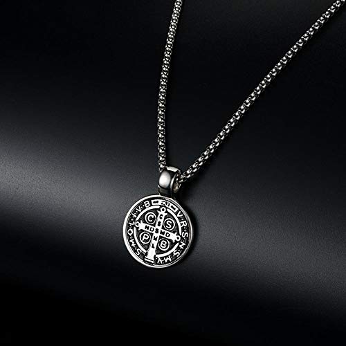 St Benedict Exorcism Medal Necklace for Men Catholic Cross Pendant - color: White