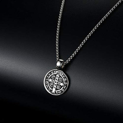 St Benedict Exorcism Medal Necklace for Men Catholic Cross Pendant - color: White