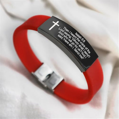Bible Verse Isaiah 6:8 Bracelets - 2Pcs Inspirational Isaiah 6 8 Cuff Bracelet with Cross Symbol Christian Jewelry Silicone Wristband with Bible Quote For Men Women - color: Blue+Red