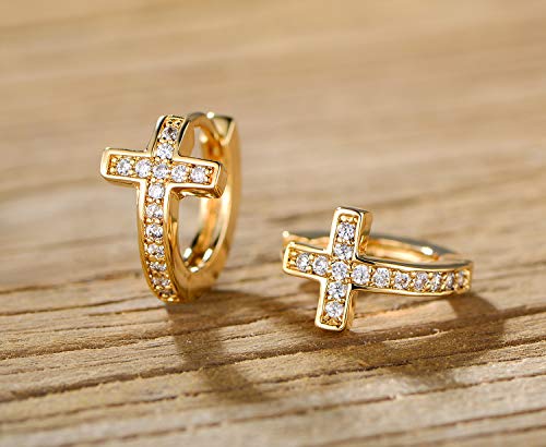 Barzel 18k Gold Plated Crystal Cross Huggies 0.5in length Earrings for Women - Made In Brazil