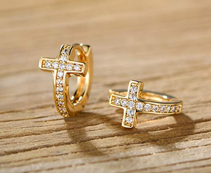Barzel 18k Gold Plated Crystal Cross Huggies 0.5in length Earrings for Women - Made In Brazil