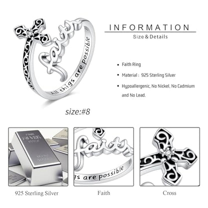 Cross Rings 925 Sterling Silver for Women Christian Religious Jewelry Faith Gifts for Mom Wife Girlfriend Her - color: White-11