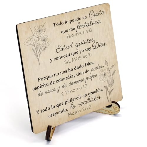 Vintage Floral Christian Wooden Sign Desk Decor, Spanish Bible Verse Religious Wood Plaque Sign With Stand for Church Prayer Room Home Office Desk Table Shelf Decoration, 5x5 Inch - color: Vintage Floral