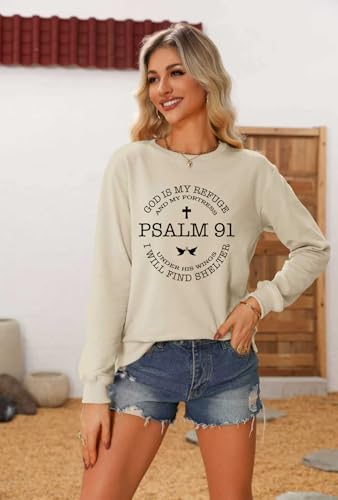Christian Sweatshirts for Women Psalms 91 Long Sleeve Shirt - color: Sand, size: XX-Large