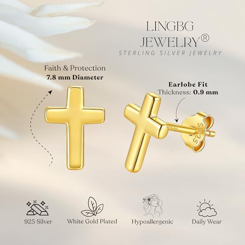 Tiny 925 Sterling Silver Cross Stud Earrings for Women Small Religious Faith Cubic Zirconia Cross Post Earrings - color: Cross/ 18Kgold plated silver