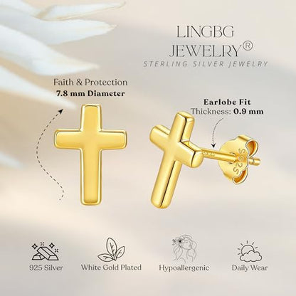 Tiny 925 Sterling Silver Cross Stud Earrings for Women Small Religious Faith Cubic Zirconia Cross Post Earrings - color: Cross/ 18Kgold plated silver