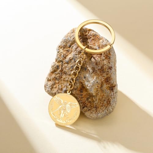 TEAMER Saint Michael Keychain Stainless Steel Religious St. Michael Keychain The Great Protector Archangel Amulet Jewelry - color: Gold