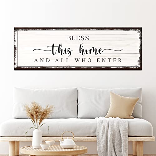 Tailored Canvases Christian Wall Art Decor - Religious Bible Verses Sign for Gifts, Living Room & Bedroom - Inspirational Scripture Quotes Signs Family Faith - Bless this Home and All Who Enter, 48x16in - color: Grunge Brown Bless this Home and All Who En