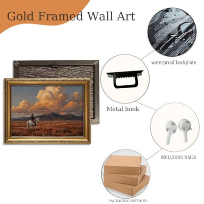 Cowboy on Horse Wall Art Western Canvas Prints, 8x10in, Gold Framed - color: Western cowboy, size: 10"L x 8"W