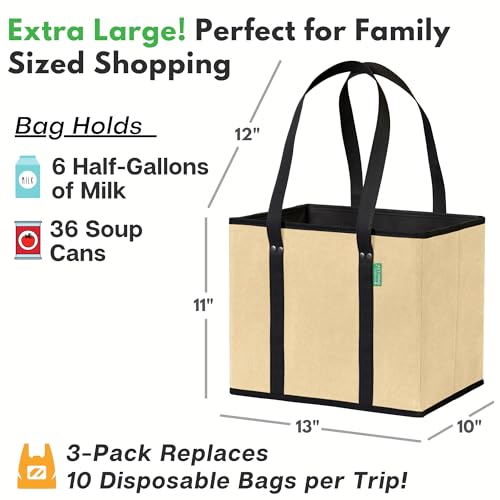 Reusable Grocery Bags (3 Pack) – Heavy Duty Reusable Shopping Bags, Beige - color: Beige