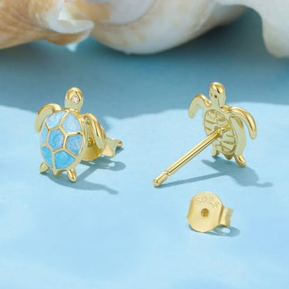 Cute Stud Earrings for Women Dachshund Koi Fish Sea Star Sea Turtle Sea Conch Earrings 14K Gold Plated Dainty Stud Earring funky Jewerly - color: Gold Sea Turtle
