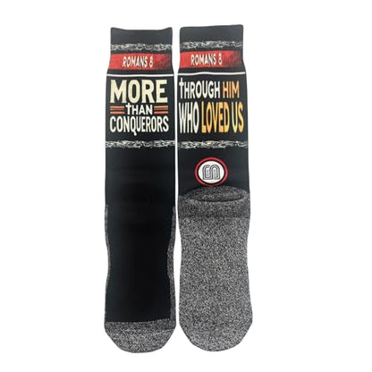 Bible Verse Socks for Men, Christian Scripture Crew Socks, Faith Gift - color: More Than Conquerors
