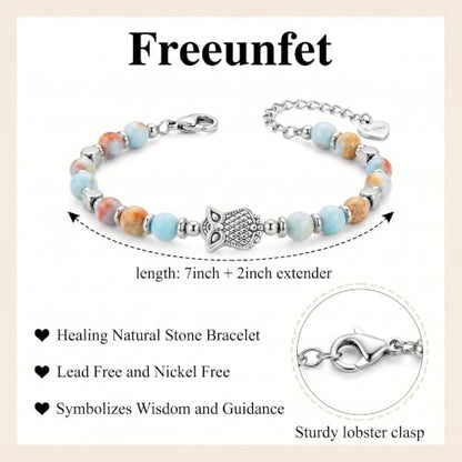 Bracelet for Women Natural Stone Beaded, Stainless Steel Charms, Adjustable - color: 7-Owl