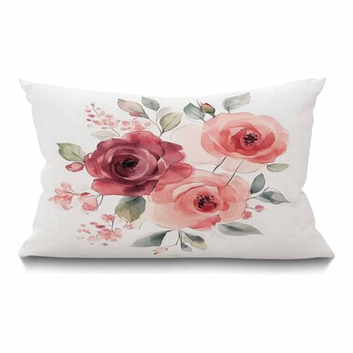 Smooffly Flower Throw Pillow Cover Flower Floral Leaf Buds Pillow Case Waist Lumbar Red Cotton Linen Throw Pillow case Cushion Cover Sofa Home Decorative Rectangle Oblong 12x20 Inches - color: Md029