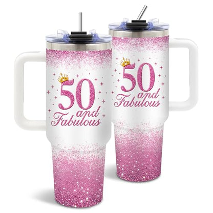 50th Birthday Gifts for Women Her, 1976 50th Birthday Tumbler 40 oz with Handle and Straw, 50 Year Old Gift for Women Mom Wife Sister Friend - Fifty and Fabulous Tumblers - color: Fifty1