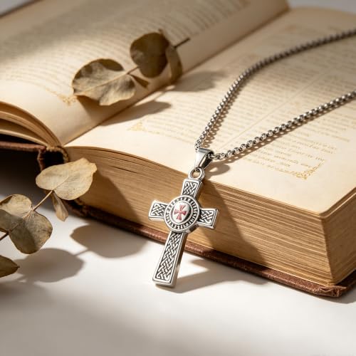 Knights Templar Cross Necklace, Stainless Steel Celtic Knot Red Enamel Double Sided Pendant, 3mm Box Chain, Vintage Religious Amulet Faith Jewelry Gift