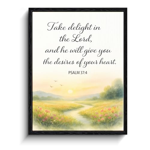 Watercolor sunrise meadow and river, “Take delight in the Lord” Psalm 37:4 Christian wall decor, matte framed wall art for nursery or living room, faith gift, 8x10 inch - color: psalm 37:4【Framed】, size: 8"L x 10"W