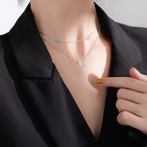 DAOCHONG S925 Sterling Silver Sideways Cross Choker Necklace 14+4 Inch - color: Silver-Layer
