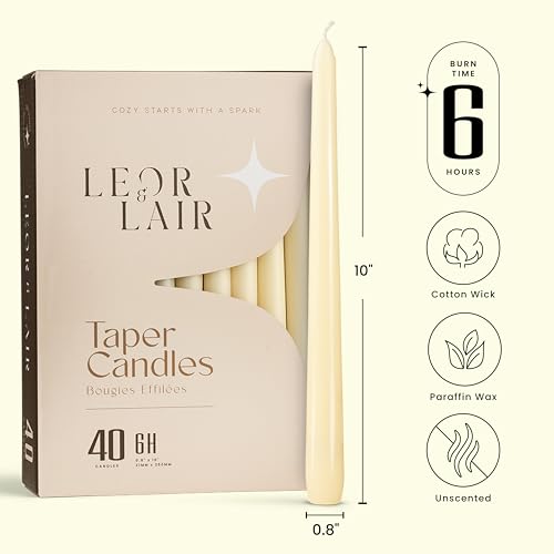 Leor & Lair Ivory Taper Candles 40 Pack, 10 Inch Unscented Candlesticks - color: Ivory