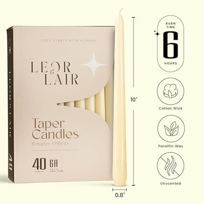Leor & Lair Ivory Taper Candles 40 Pack, 10 Inch Unscented Candlesticks - color: Ivory