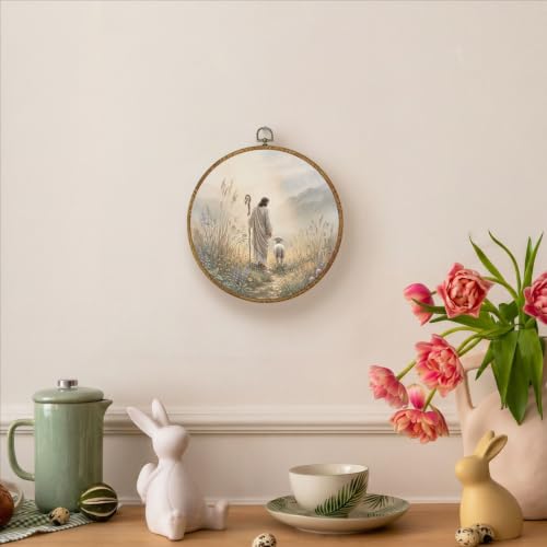LERJZEFUH Jesus and Lamb Christian Round Wall Art Framed 10x10 Inch - color: God