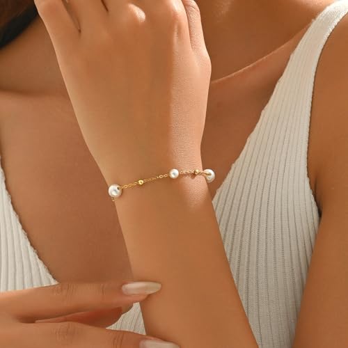 18K Gold Plated Pearl Beaded Cross Bracelets for Women Adjustable - color: Multi Pearls Beads-Gold