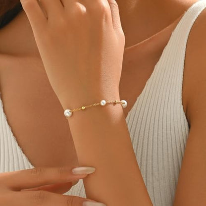 18K Gold Plated Pearl Beaded Cross Bracelets for Women Adjustable - color: Multi Pearls Beads-Gold