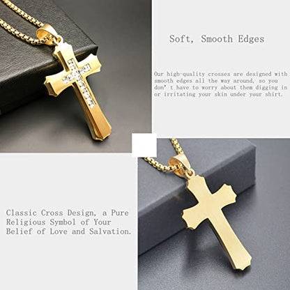 OLEVS Men's Cross Pendant Necklace Large Stainless Steel Cross Pendant Necklace for Men Women - color: gold crystal