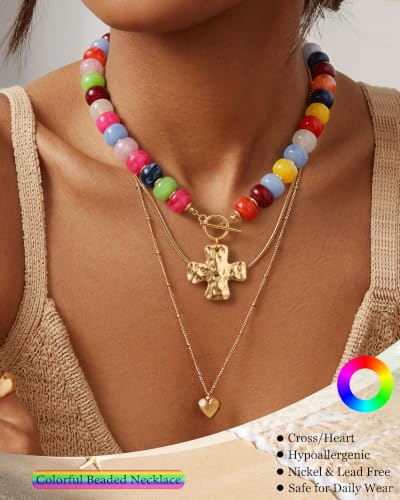 ZHESHY Chunky Beaded Necklaces for Women Heart Cross Statement Necklace - color: Multicolor 1