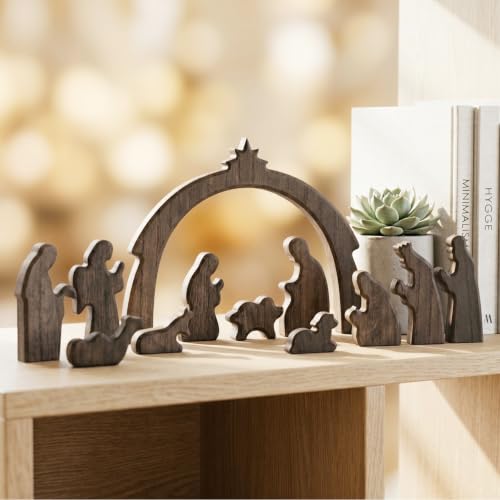 FESTGLOX Christmas Nativity Set Indoor, 12Pcs Wooden Nativity Scene Set - color: Nativity-12 Pieces