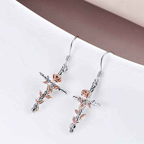 LUHE Sterling Silver Corss/Daisy/Musica Note Dangle Earrings for Women - style: Cross Earrings with Rose
