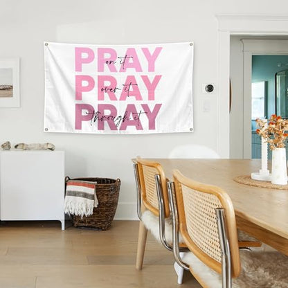 Pink Inspirational Decor Tapestry 3x5 Ft Pray on it Pray Over It Pray Through it Bible Verse Wall Art Christian Gifts for Women Dorm Room Wall Decoration