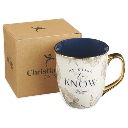 Christian Art Gifts Novelty Large Ceramic Scripture Coffee Mug for Women - color: White & Navy Blue/Be Still