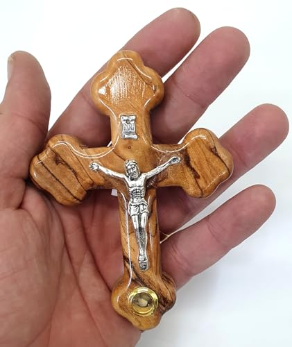 Zuluf Small Olive Wood Crucifix Wall Cross Set of 3 with Holy Land Stone, Handmade Christian Crucifix Cross Wall Decor - 4 Inch Each Jerusalem Catholic Christian Gift for Prayer Home Church
