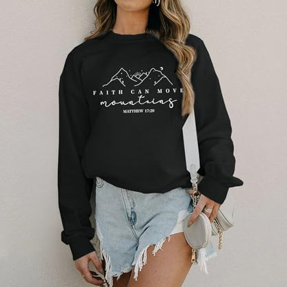 Pairxily Christian Sweatshirts for Women Faith Can Move Mountains Sweatshirt Bible Verse Religious Long Sleeve Crewneck Tops - color: Black, size: Medium