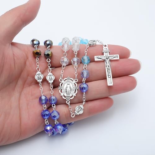 KOMI Crystal Rosary Beads with Jesus Crucifix, Catholic Necklace for Women First Communion Rosarios Wedding Rosary with Velvet Bag - style: 8MM-A